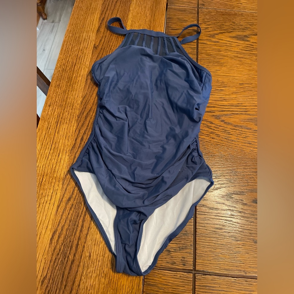 High-Neck Navy One-Piece Swimsuit with Strappy Yoke